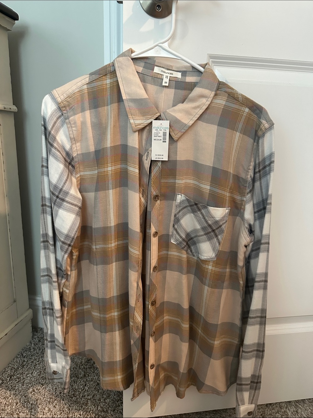 Maurices Plaid Button-Down Shirt in Beige, Gray & Mustard